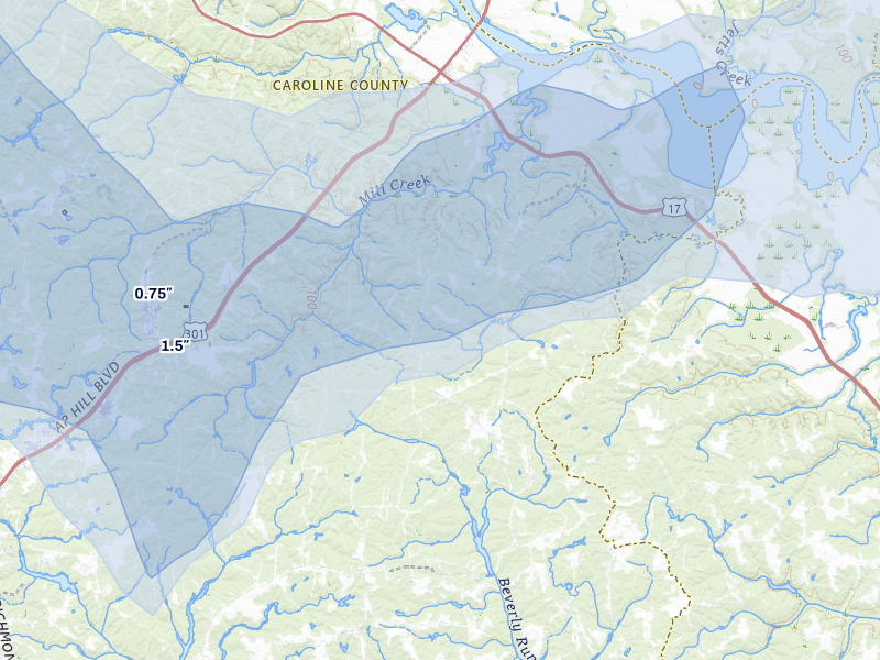 NEXRAD radar-signature map of the hail over Port Royal, VA