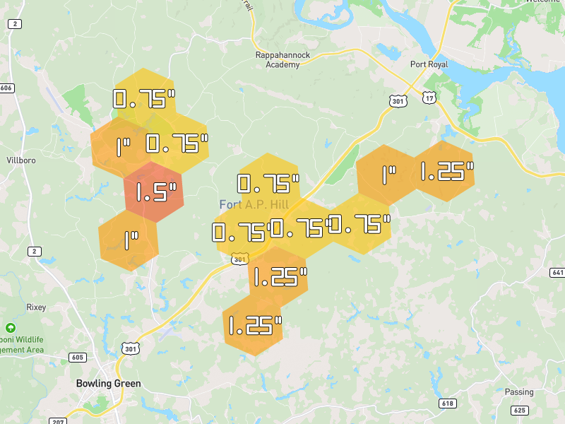 Hail map of Port Royal, VA on Jul 5, 2026, hail up to 1.5"