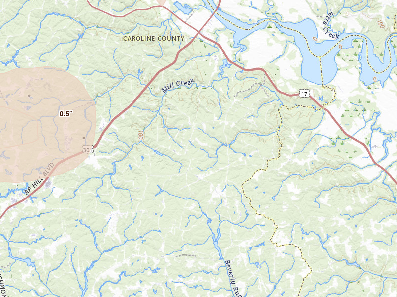 Radar-estimated hail-size map of the storm over Port Royal, VA