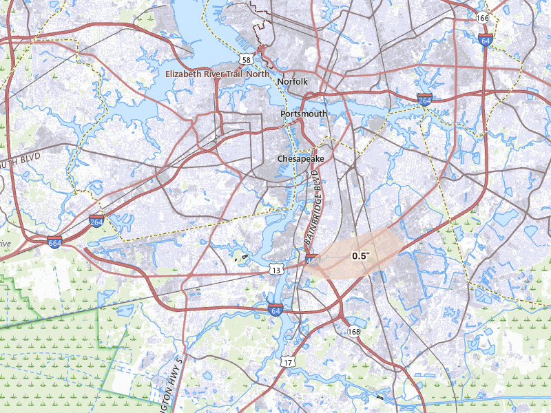 Radar-estimated hail-size map of the storm over Portsmouth, VA on Jul 20, 2026