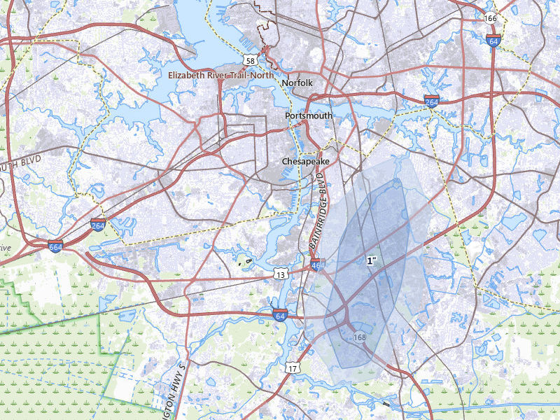 NEXRAD radar-signature map of the hail storm over Portsmouth, VA on Jul 20, 2026