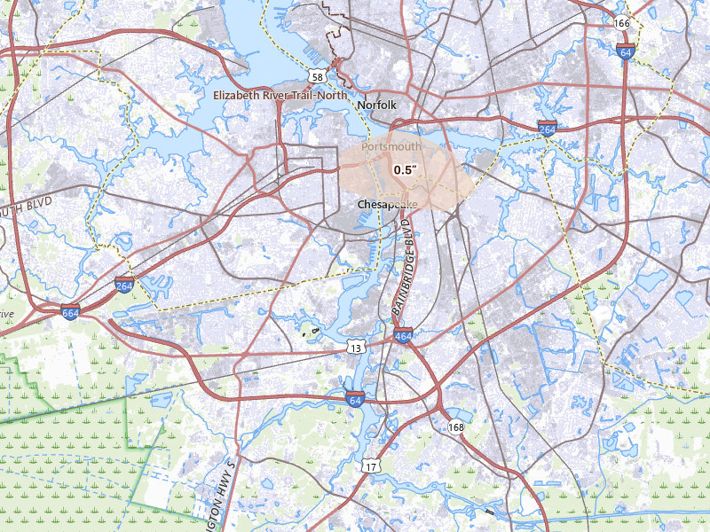 Radar-estimated hail-size map of the storm over Portsmouth, VA