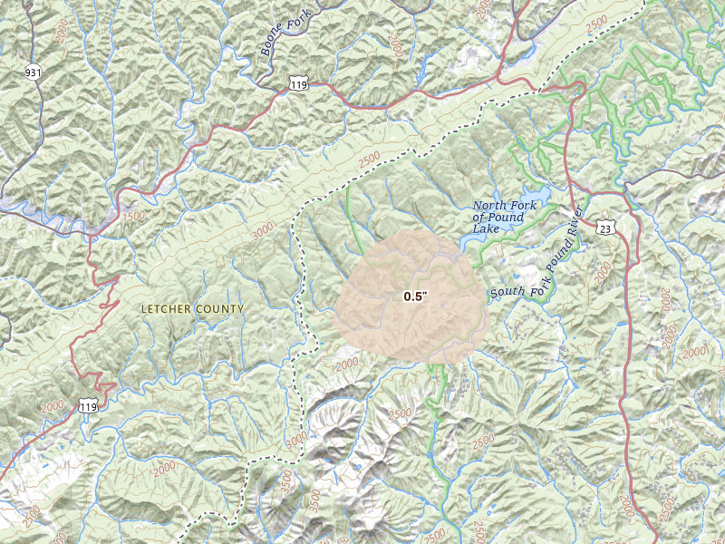 Radar-estimated hail-size map of the storm over Pound, VA on Aug 11, 2026