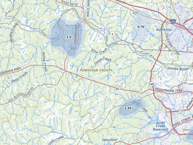 NEXRAD radar-signature map of the hail storm over Powhatan, VA on Jul 6, 2026