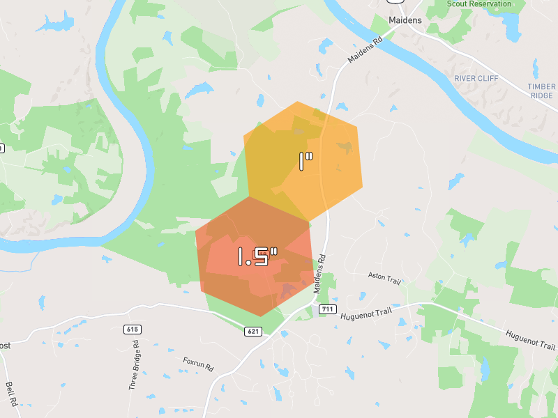 Hail map of Powhatan, VA on Jul 6, 2026, hail up to 1.5"