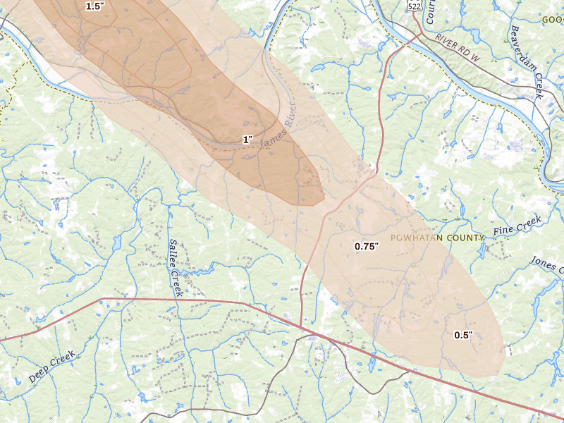 Radar-estimated hail-size map of the storm over Powhatan, VA on Aug 14, 2026