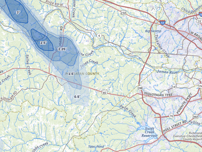 NEXRAD radar-signature map of the hail storm over Powhatan, VA on Aug 14, 2026