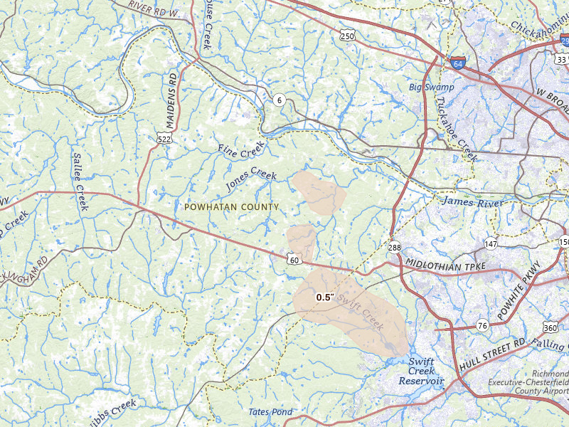 Radar-estimated hail-size map of the storm over Powhatan, VA on Aug 16, 2026
