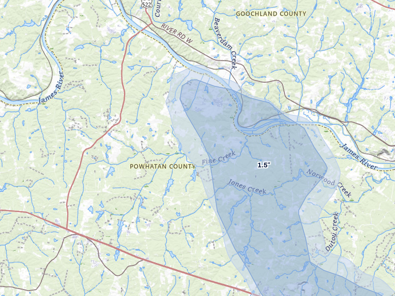 NEXRAD radar-signature map of the hail storm over Powhatan, VA on Aug 16, 2026