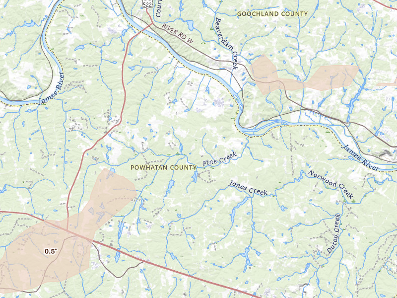 Radar-estimated hail-size map of the storm over Powhatan, VA on Aug 20, 2026