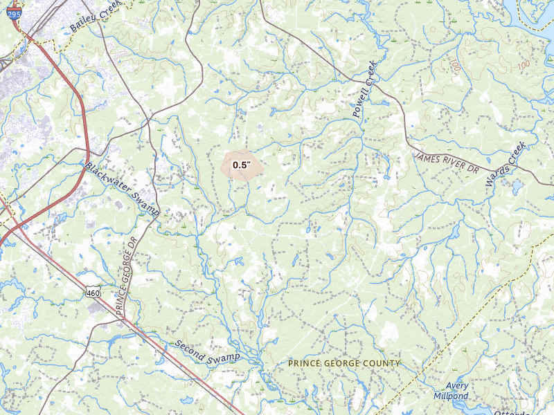 Radar-estimated hail-size map of the storm over Prince George, VA on Jun 14, 2026