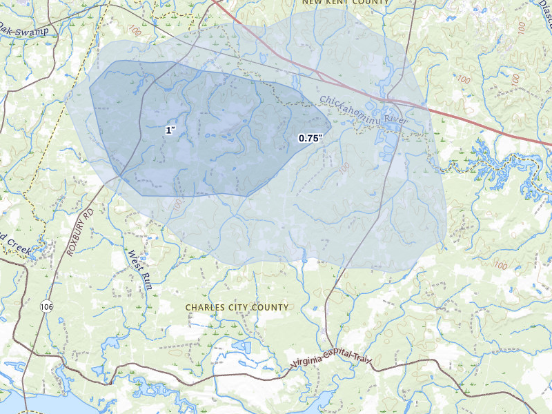 NEXRAD radar-signature map of the hail storm over Providence Forge, VA on Jun 27, 2026