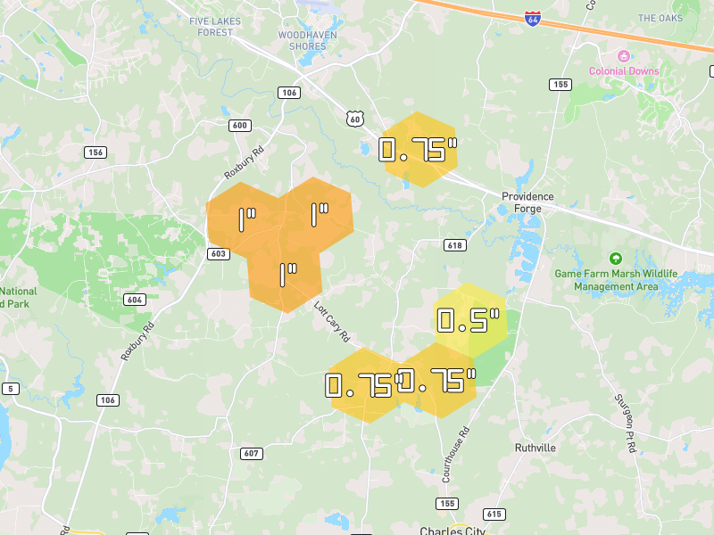 Hail map of Providence Forge, VA on Jun 27, 2026, hail up to 1"