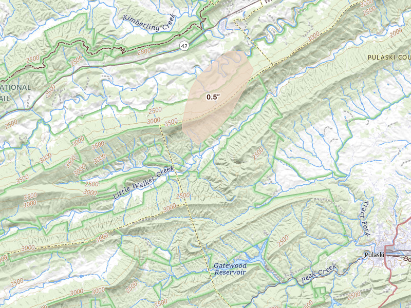 Radar-estimated hail-size map of the storm over Pulaski, VA on Jul 4, 2026