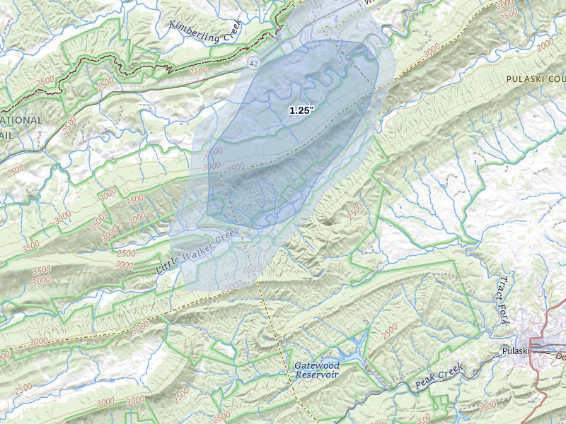 NEXRAD radar-signature map of the hail over Pulaski, VA