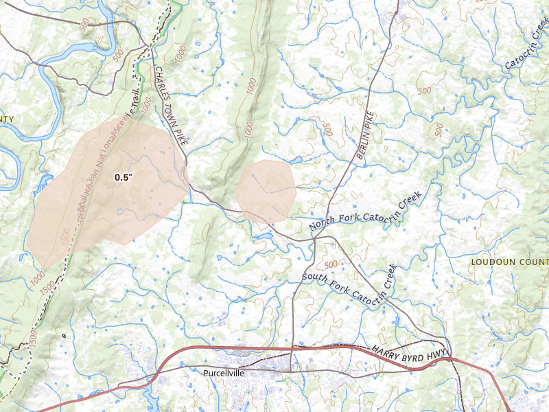 Radar-estimated hail-size map of the storm over Purcellville, VA on Jul 4, 2026