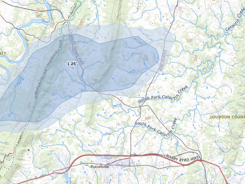 NEXRAD radar-signature map of the hail over Purcellville, VA