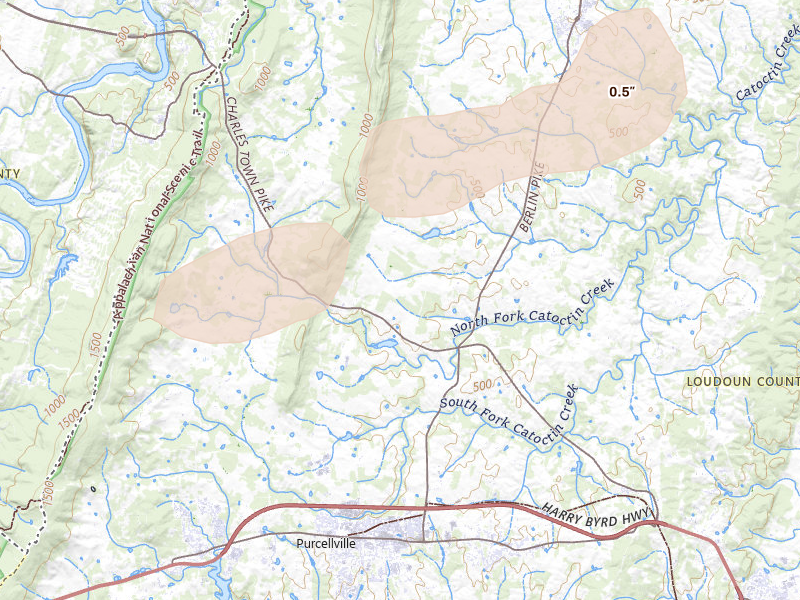 Radar-estimated hail-size map of the storm over Purcellville, VA on Jul 28, 2026