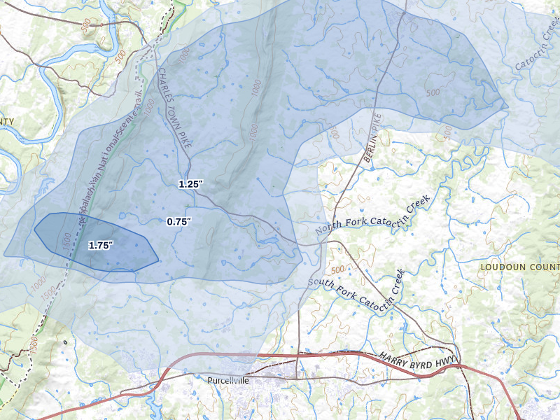 NEXRAD radar-signature map of the hail storm over Purcellville, VA on Jul 28, 2026
