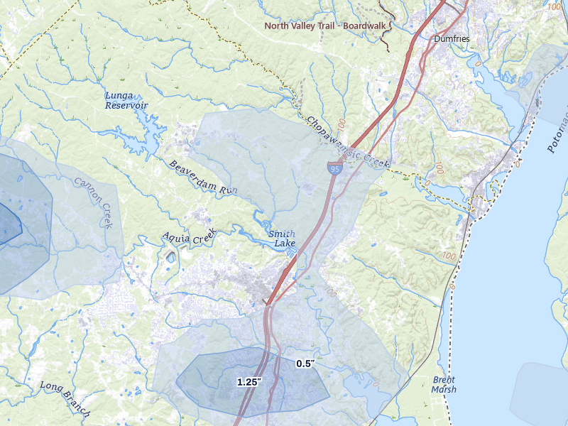 NEXRAD radar-signature map of the hail storm over Quantico, VA on Jul 9, 2026