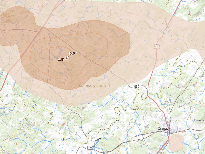Radar-estimated hail-size map of the storm over Radiant, VA on Jul 4, 2026