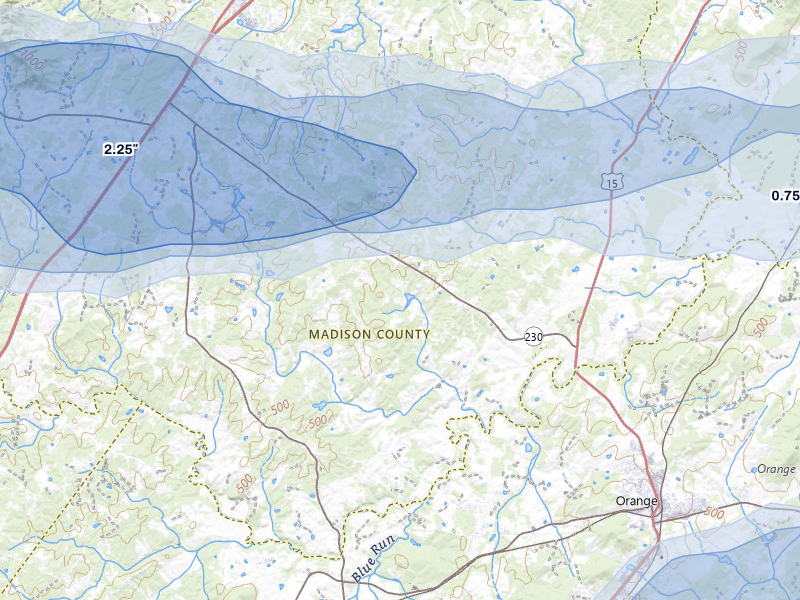 NEXRAD radar-signature map of the hail storm over Radiant, VA on Jul 4, 2026