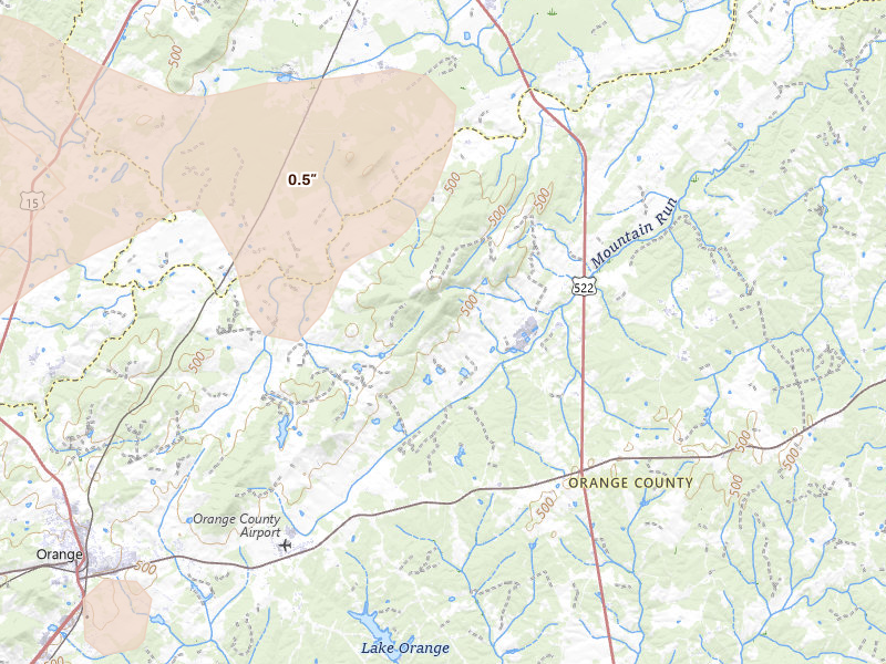 Radar-estimated hail-size map of the storm over Rapidan, VA on Jul 4, 2026