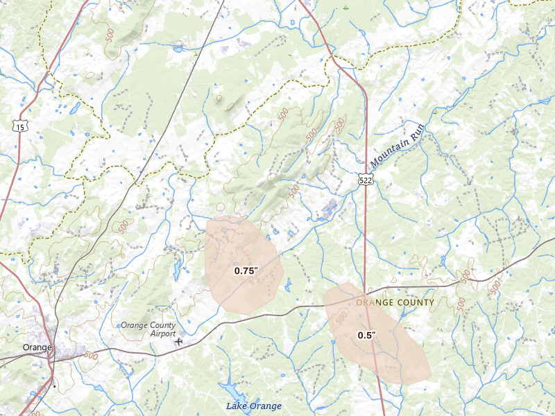 Radar-estimated hail-size map of the storm over Rapidan, VA on Aug 3, 2026