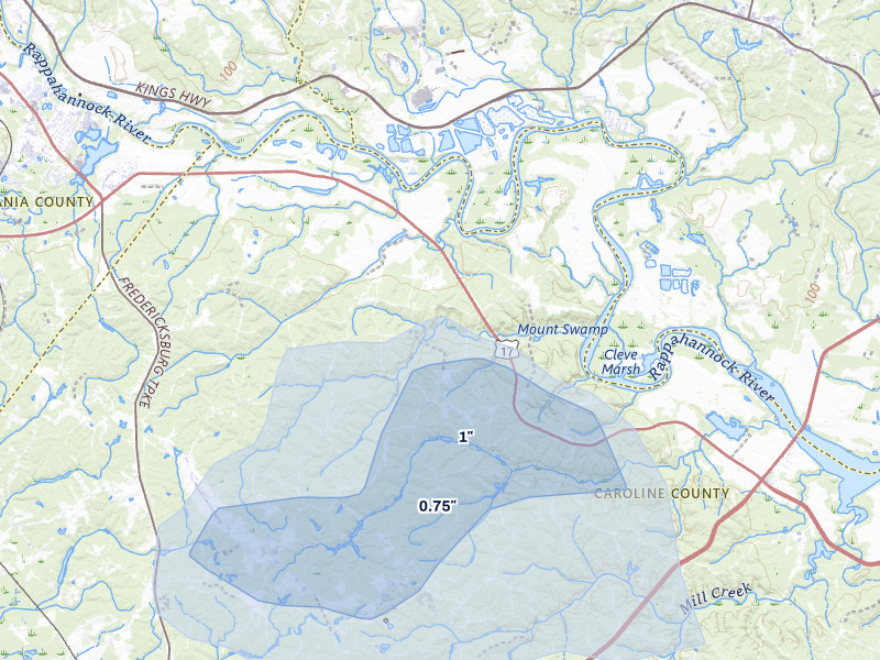 NEXRAD radar-signature map of the hail over Rappahannock Academy, VA