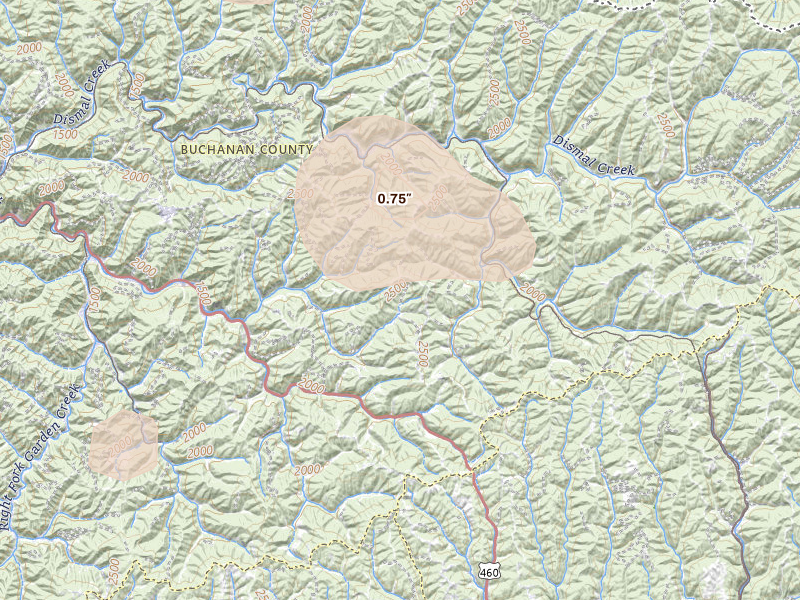Radar-estimated hail-size map of the storm over Raven, VA on Aug 11, 2026