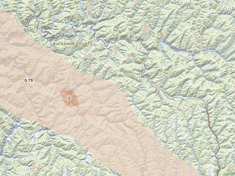 Radar-estimated hail-size map of the storm over Raven, VA on Sep 5, 2026