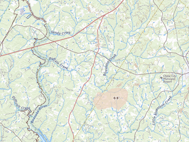 Radar-estimated hail-size map of the storm over Red Oak, VA on Aug 20, 2026