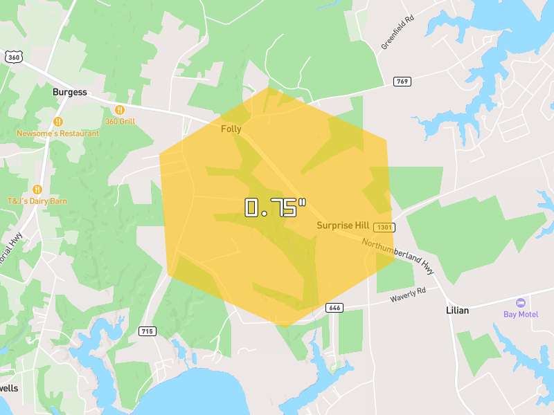 Hail map of Reedville, VA on Jul 22, 2026, hail up to 0.75"