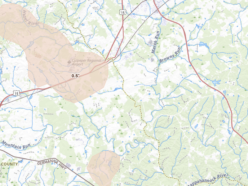 Radar-estimated hail-size map of the storm over Remington, VA on Jul 28, 2026