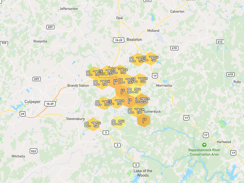 Hail map of Remington, VA on Jul 28, 2026, hail up to 1.25"