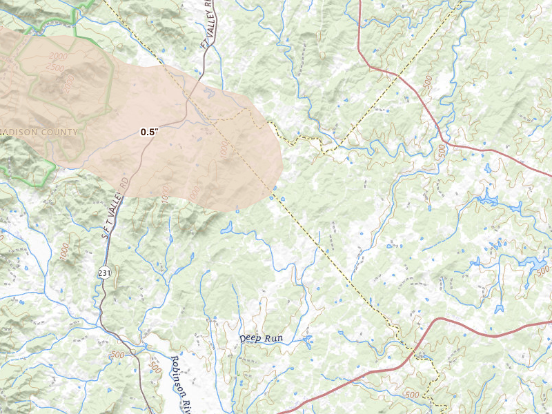 Radar-estimated hail-size map of the storm over Reva, VA on Aug 10, 2026