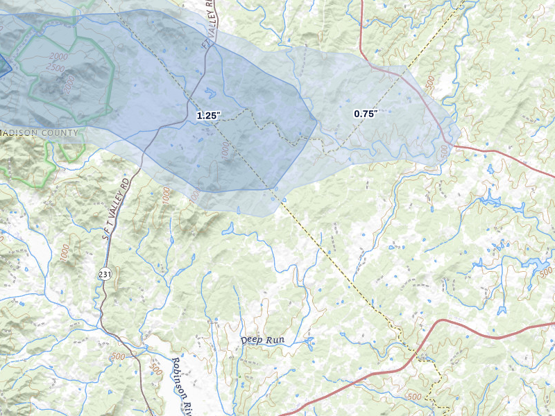 NEXRAD radar-signature map of the hail storm over Reva, VA on Aug 10, 2026