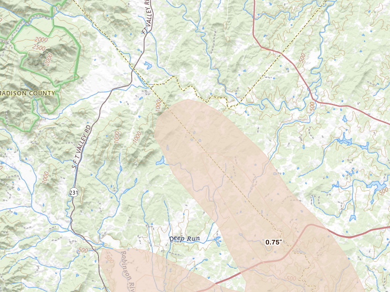 Radar-estimated hail-size map of the storm over Reva, VA on Sep 4, 2026