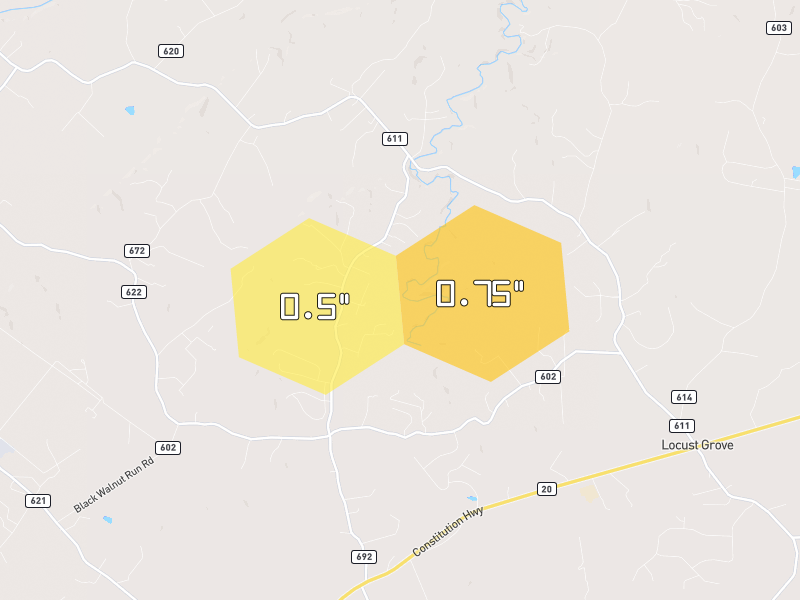 Hail map of Rhoadesville, VA on Jul 9, 2026, hail up to 0.75"