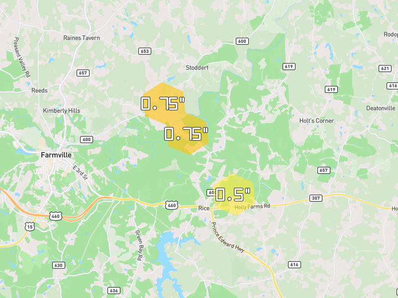 Hail map of Rice, VA on Jul 8, 2026, hail up to 0.75"