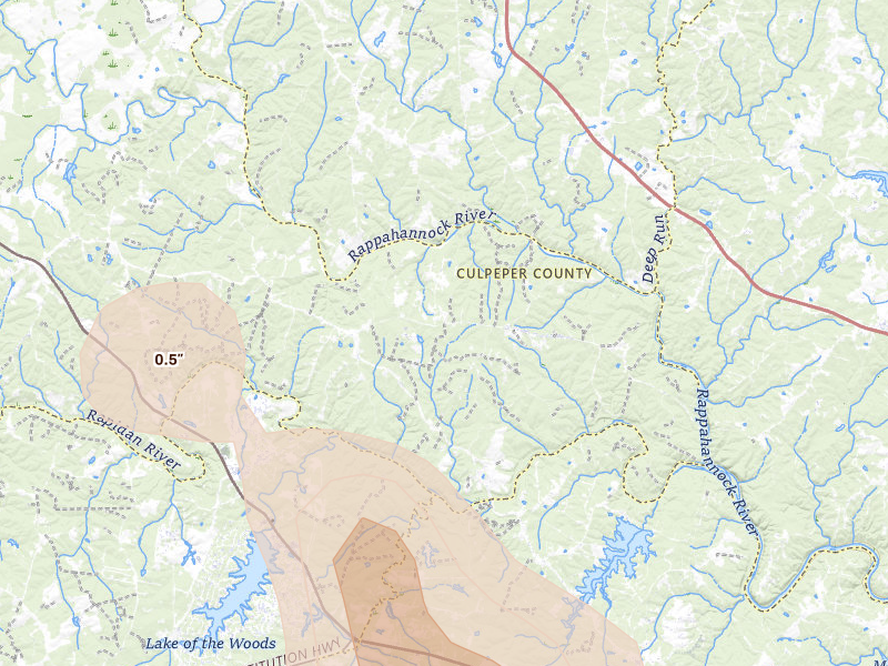 Radar-estimated hail-size map of the storm over Richardsville, VA on Jul 5, 2026