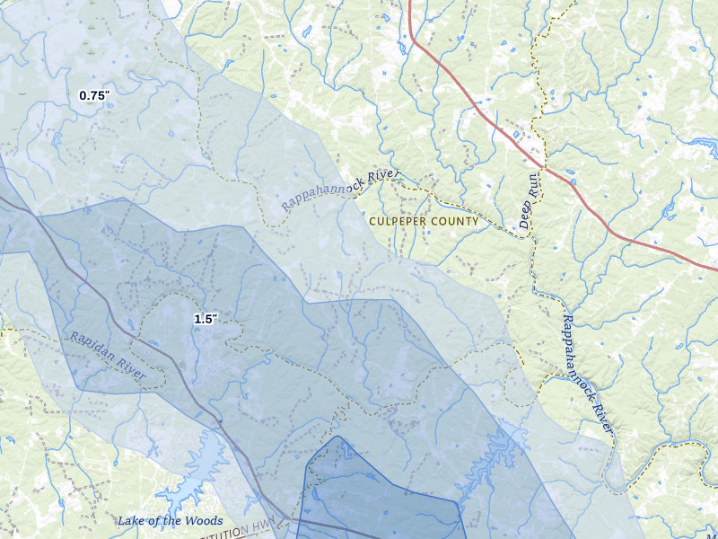 NEXRAD radar-signature map of the hail storm over Richardsville, VA on Jul 5, 2026