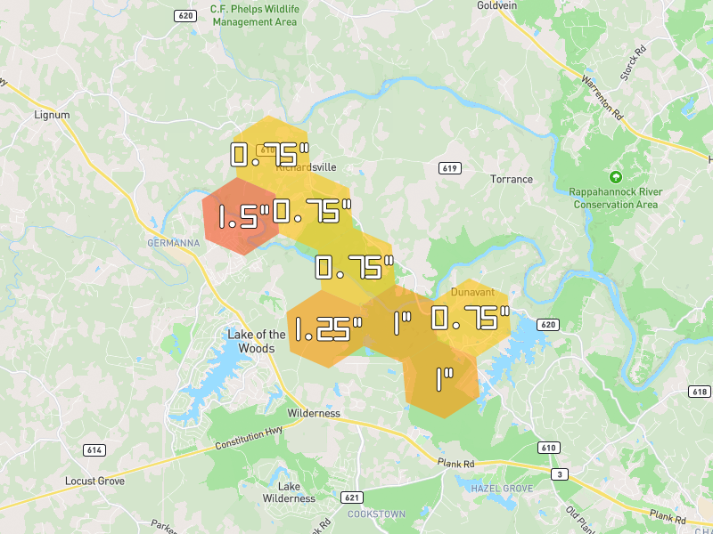 Hail map of Richardsville, VA on Jul 5, 2026, hail up to 1.5"