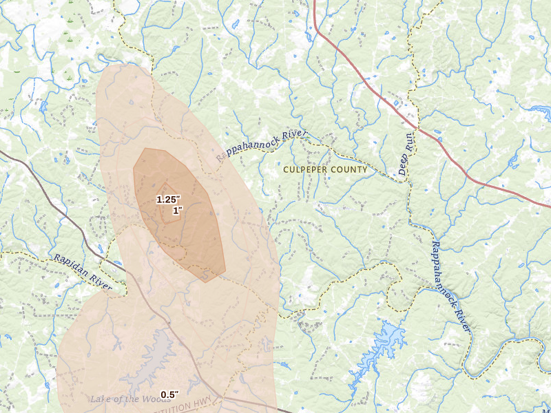 Radar-estimated hail-size map of the storm over Richardsville, VA on Jul 26, 2026