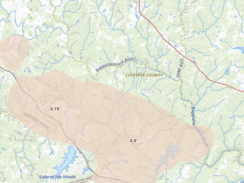 Radar-estimated hail-size map of the storm over Richardsville, VA on Jul 28, 2026