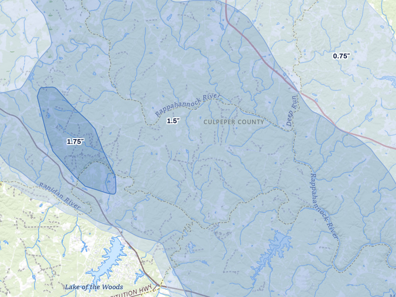 NEXRAD radar-signature map of the hail storm over Richardsville, VA on Jul 28, 2026