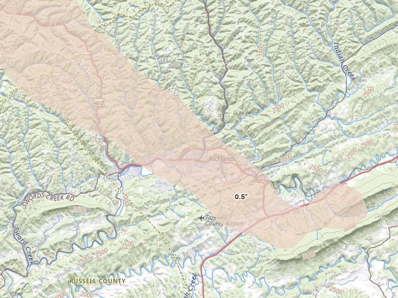 Radar-estimated hail-size map of the storm over Richlands, VA on Sep 5, 2026