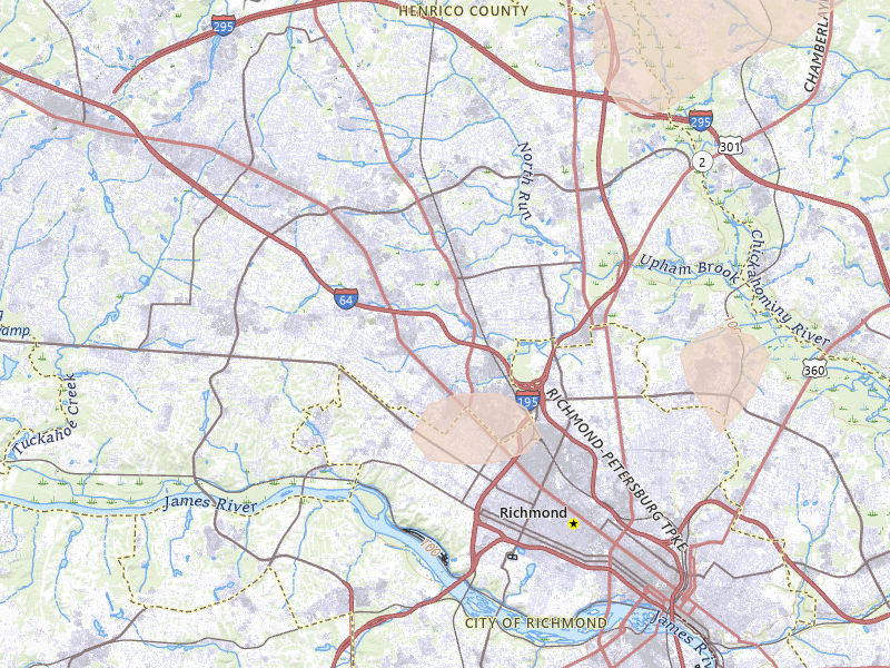 Radar-estimated hail-size map of the storm over Richmond, VA on Jul 5, 2026