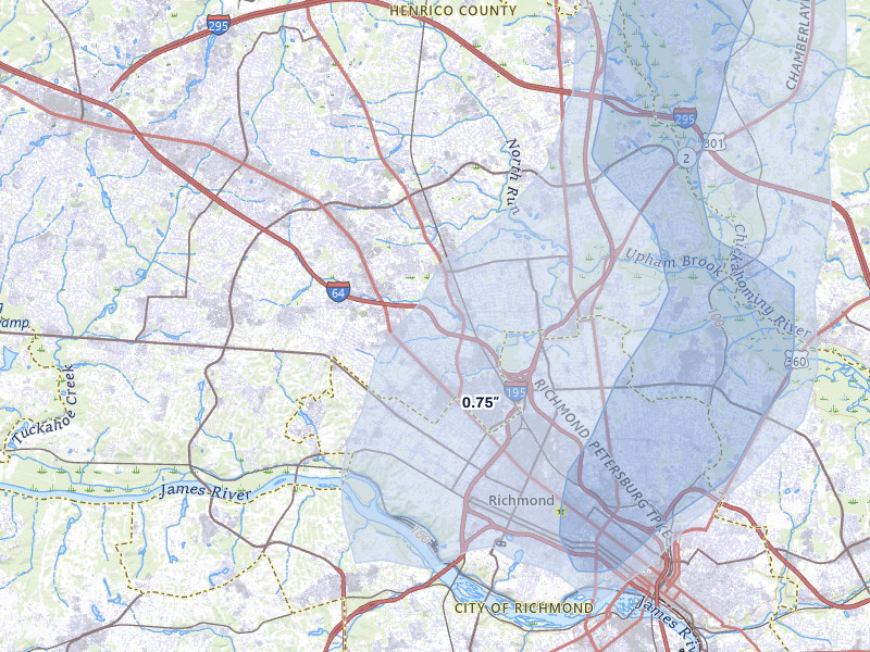 NEXRAD radar-signature map of the hail over Richmond, VA