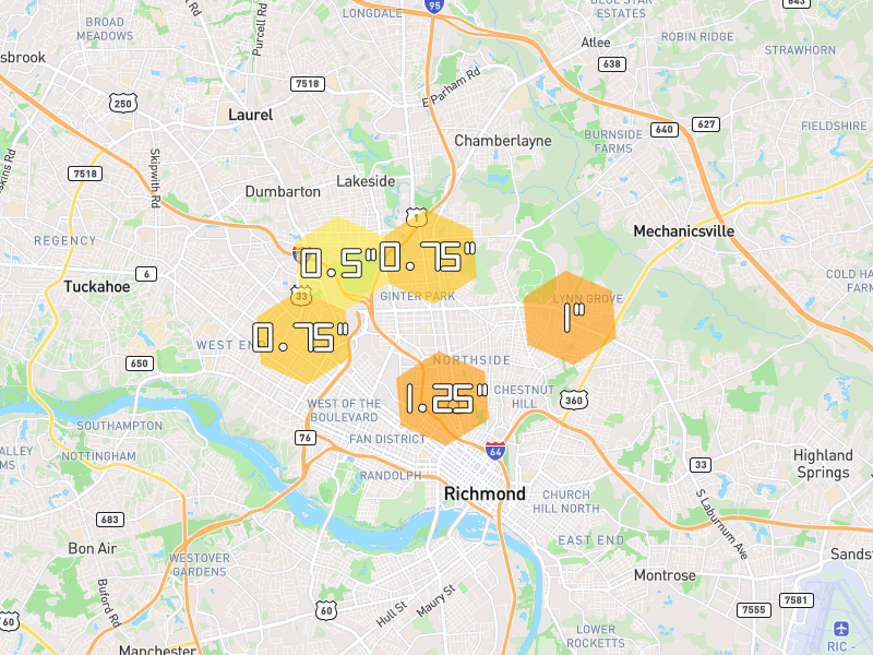 Hail map of Richmond, VA on Jul 5, 2026, hail up to 1.25"
